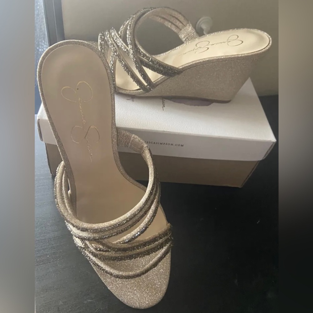 Wedge Sandal, Synthetic & glitter upper, Slip-on, Round open toe,
3"  wedge heel